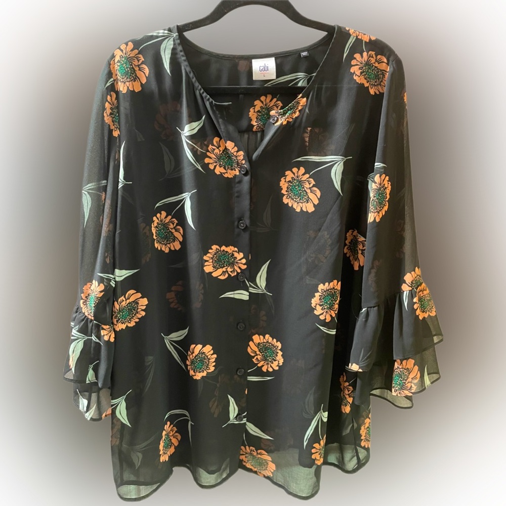 CAbi sheer floral 3/4 ruffle sleeve blouse size Large.